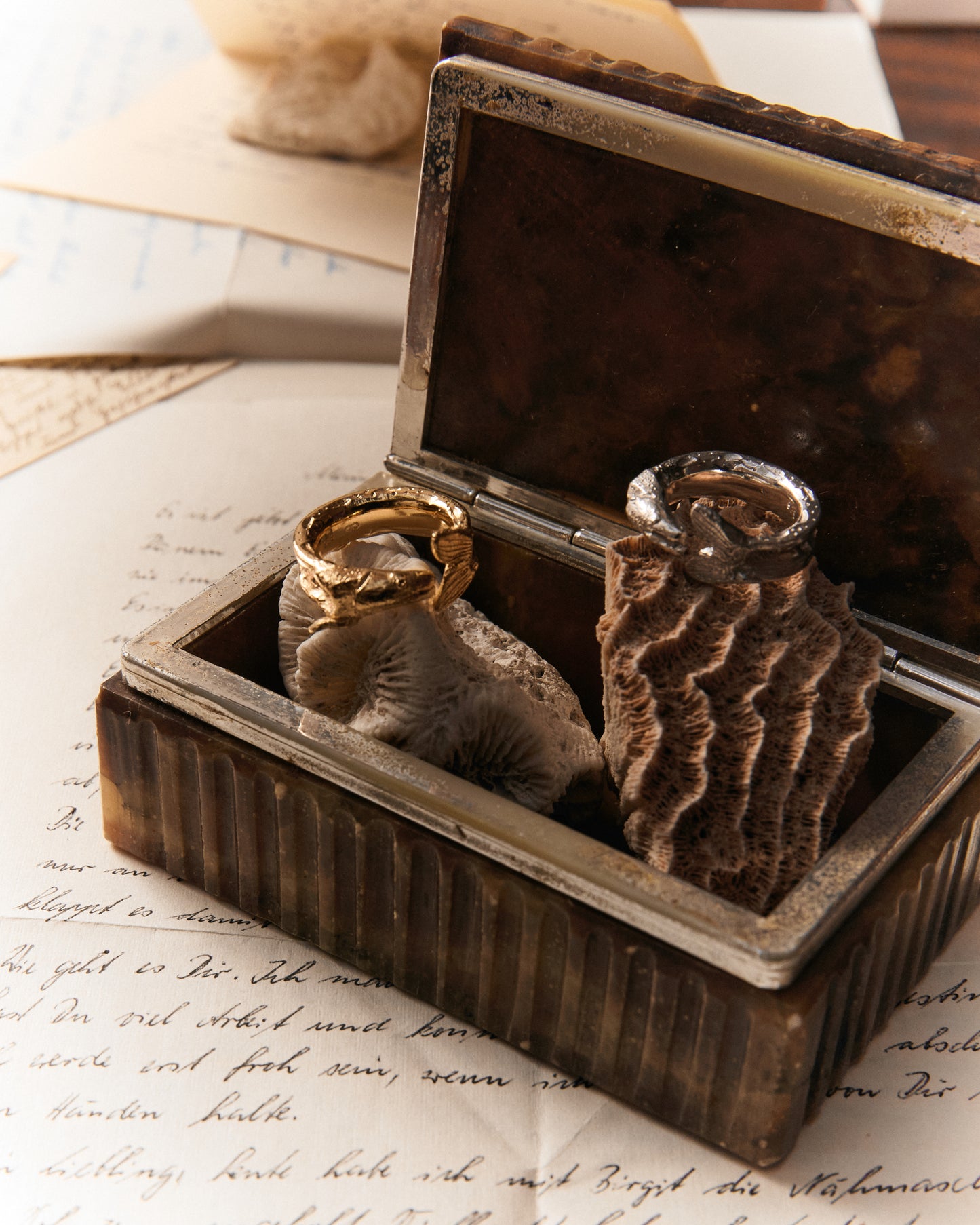 Zander um den Finger, marmorierte Haut Sterling Silber und gold plattiert. Abgebildet im Kontext auf Navigationstisch.