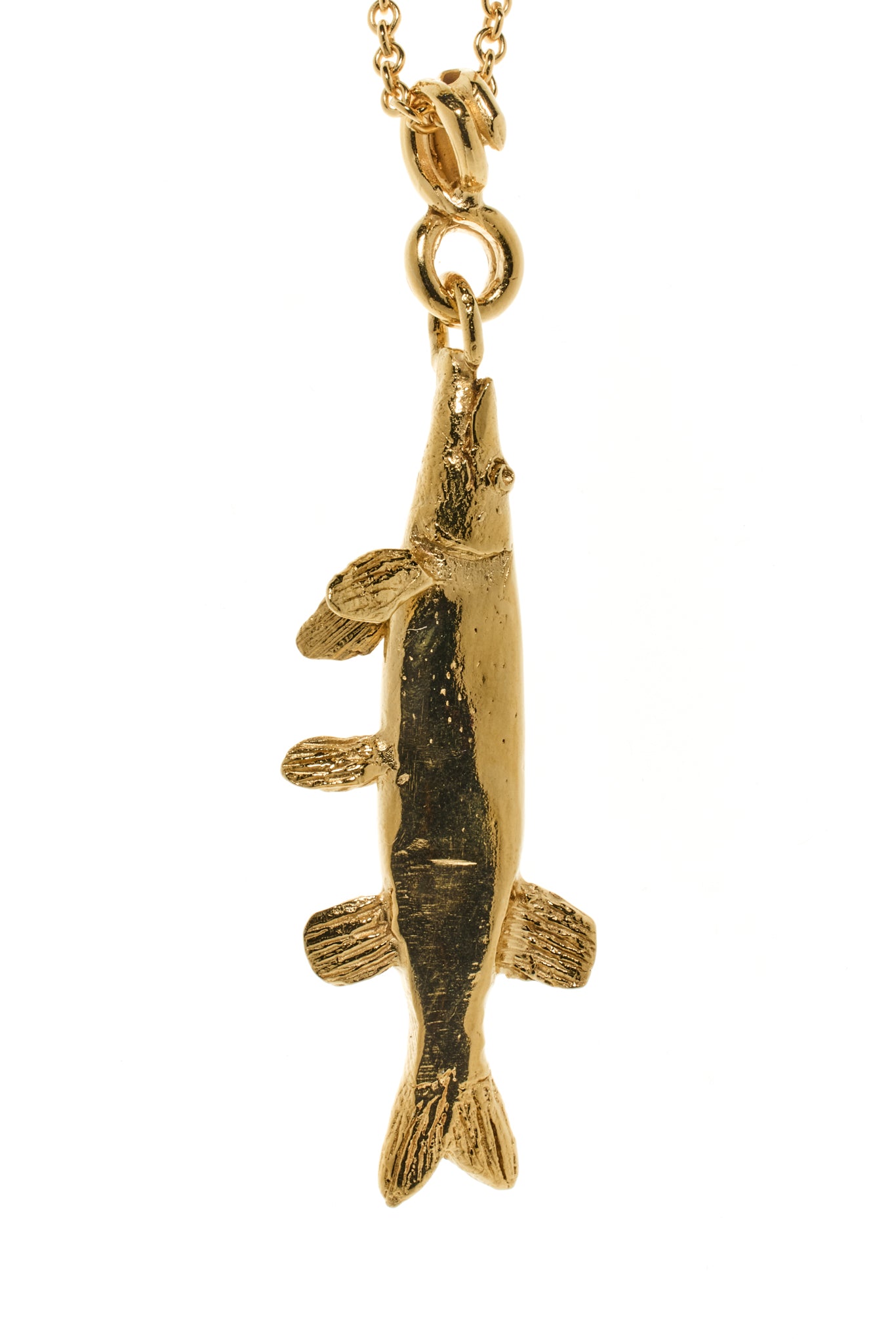 Sander Anhänger, 8 g, 16 x 57 x 8 mm, gold-plattiert in Form eines Zanders, handmodelliert