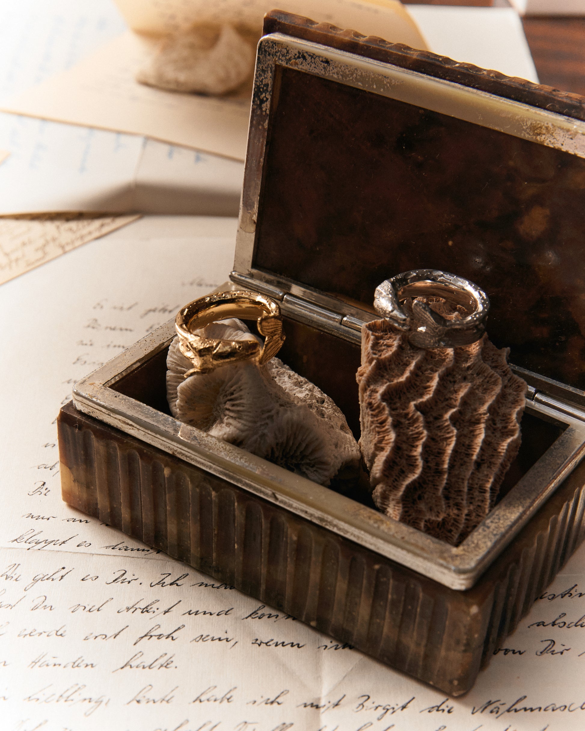 Zander um den Finger, marmorierte Haut Sterling Silber und gold plattiert. Abgebildet im Kontext auf Navigationstisch.